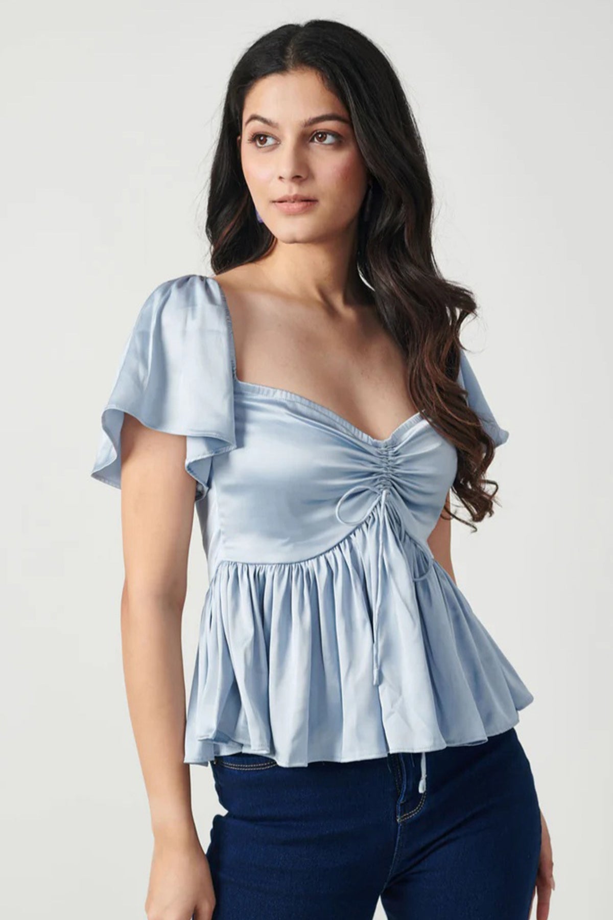 Buy Ice Blue Satin Frock Frill Top for women online available at ScrollnShops